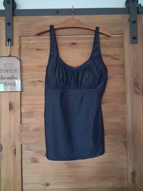 Black Ruched Tankini Top with Scoop Neck